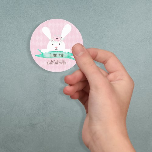 Pink Diamond Rabbit Floral Baby Shower Classic Round Sticker