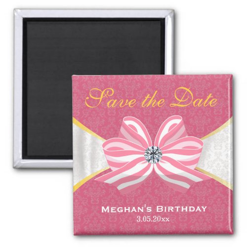 Pink Diamond Ribbon with Pink Damask Pattern Magnet