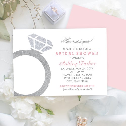 Pink Diamond Ring Glitter Wedding Bridal Shower Invitation