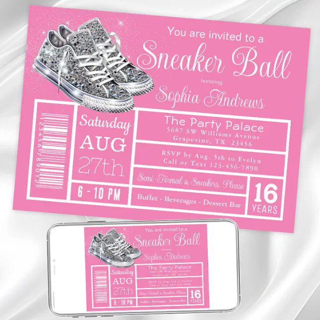 Pink Diamond Sneaker Ball Birthday Party Invitation 