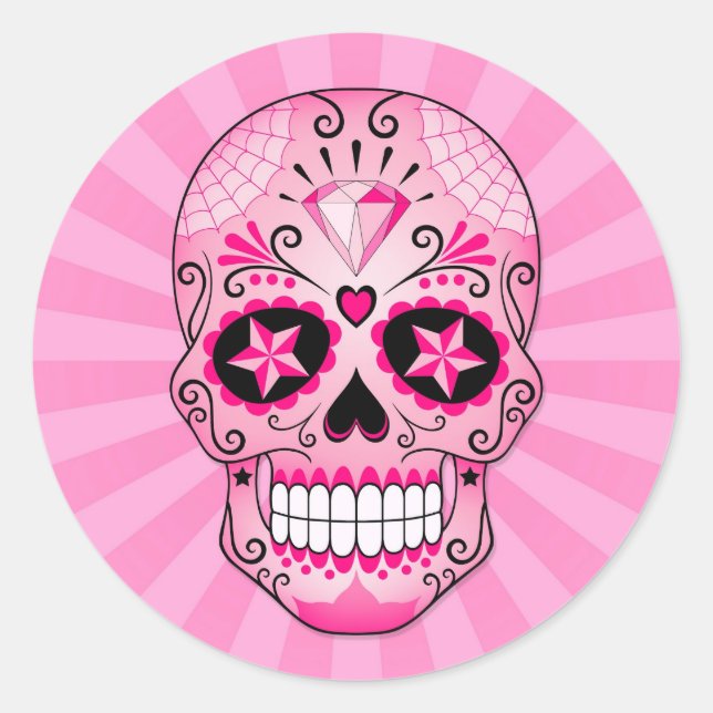 Pink Diamond Sugar Skull Classic Round Sticker (Front)
