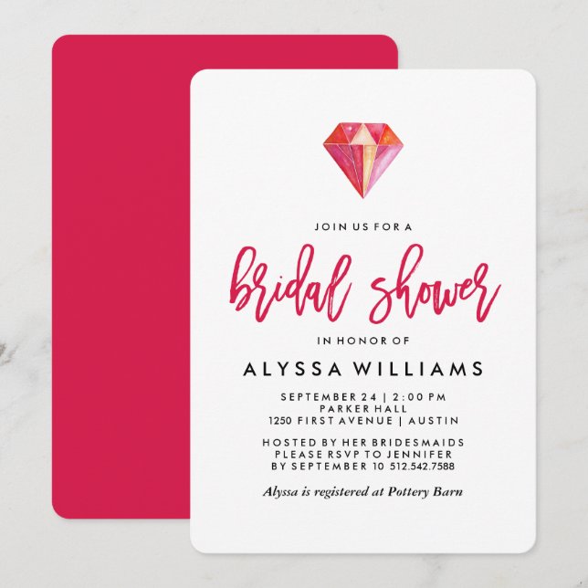 Pink Diamond | Watercolor Gem Bridal Shower Invitation (Front/Back)