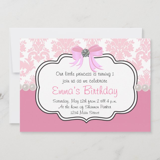 Pink Diamonds and Pearls Damask Invitation (Front)