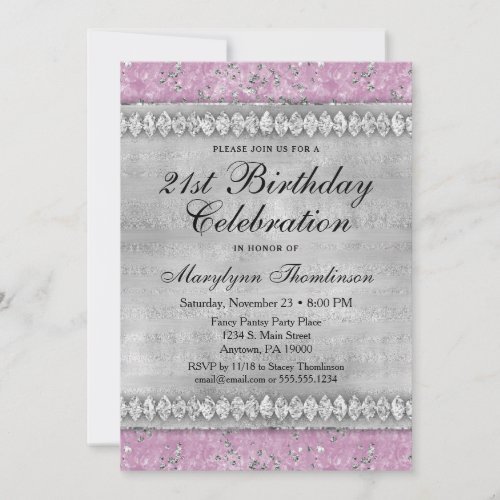 Pink Diamonds Birthday Invitation Velvet Silver