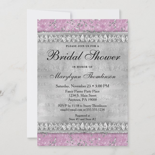 Pink Diamonds Bridal Shower Invitation Silver (Front)