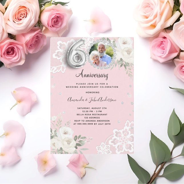 Pink diamonds florals 60th wedding anniversary invitation (Creator Uploaded)