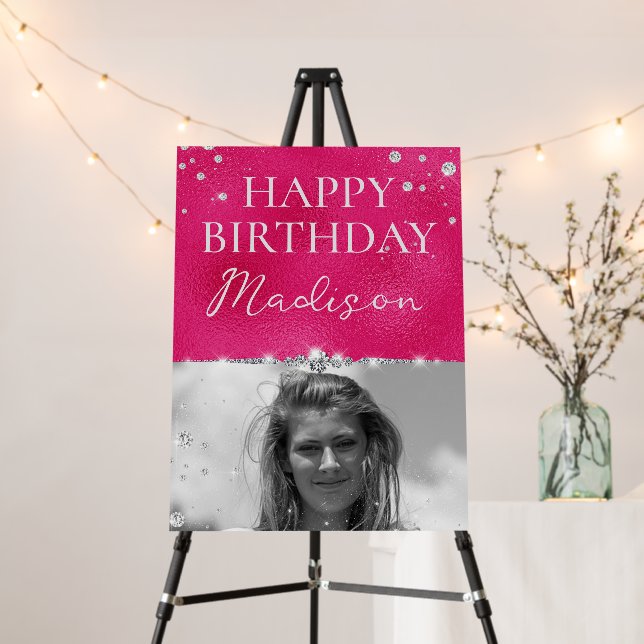 Pink & Diamonds Happy Birthday Sign with Photo (In Situ (Stand))
