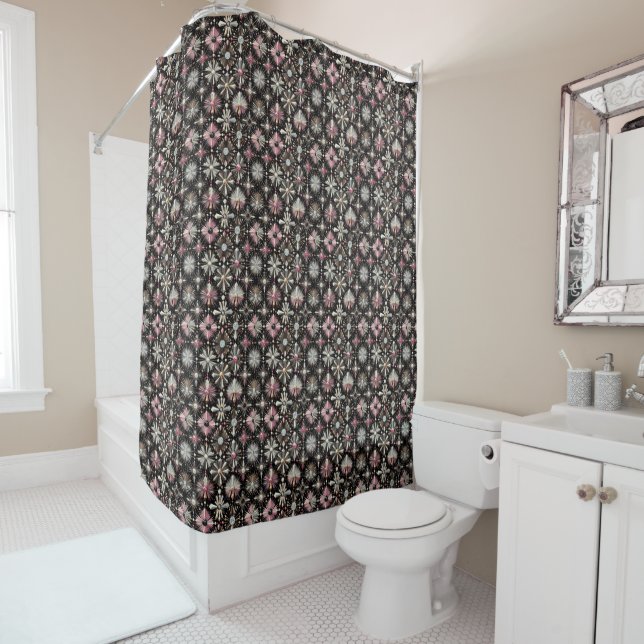 Pink Diamonds Mid Century Modern Shower Curtain (In Situ)