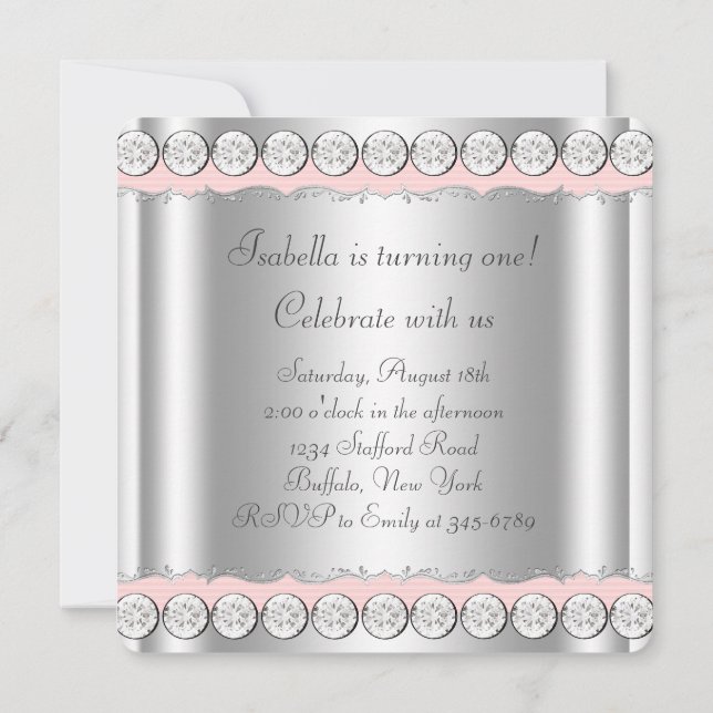 Pink Diamonds Pink and Silver Birthday Party Invitation (Back)