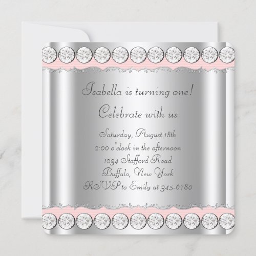 Pink White Baby Girl Photo First Birthday Party Invitations