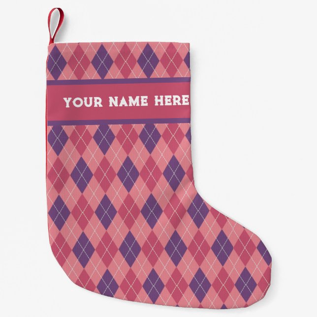 Pink Diamonds Scottish Argyle knit -  add a name Small Christmas Stocking (Front)