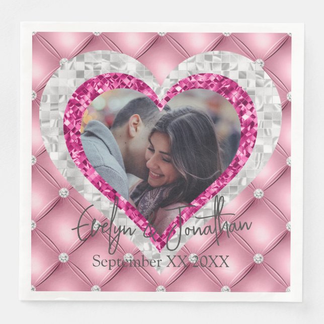 Pink Diamonds Silver Heart Frame Custom Photo Paper Dinner Napkins (Front)