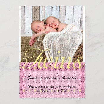 Pink Diamonds Twin Photo Baby Announcement by NoteableExpressions at Zazzle