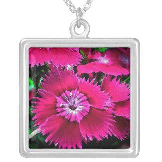 Pink Dianthus Garden Flowers Silver Plated Necklace