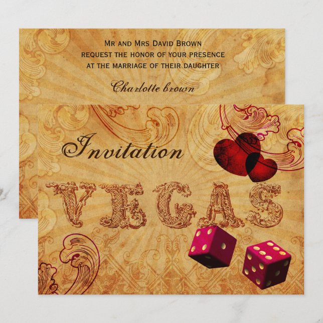 pink dice Vintage Vegas wedding invites (Front/Back)