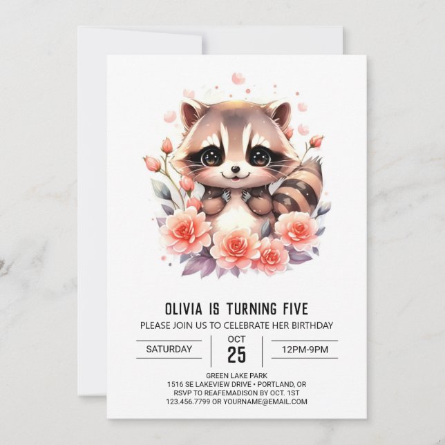  Pink Digital Raccoon Girl Birthday Invitation (Front)
