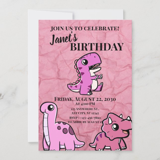 Pink Dino Invitation (Front)