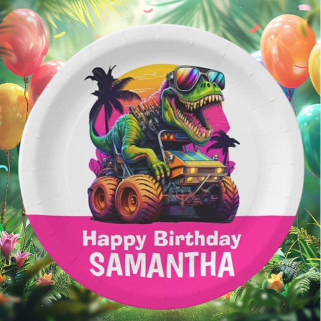 PINK Dino-Mite MONSTER TRUCK Birthday Party Paper Plates (Celebrate your little one's birthday in style with our PINK Dino-Mite MONSTER TRUCK )