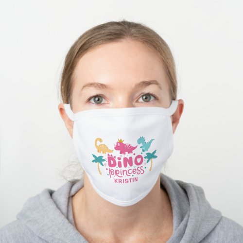 Pink Dino Princess Girls Dinosaur Party White Cotton Face Mask