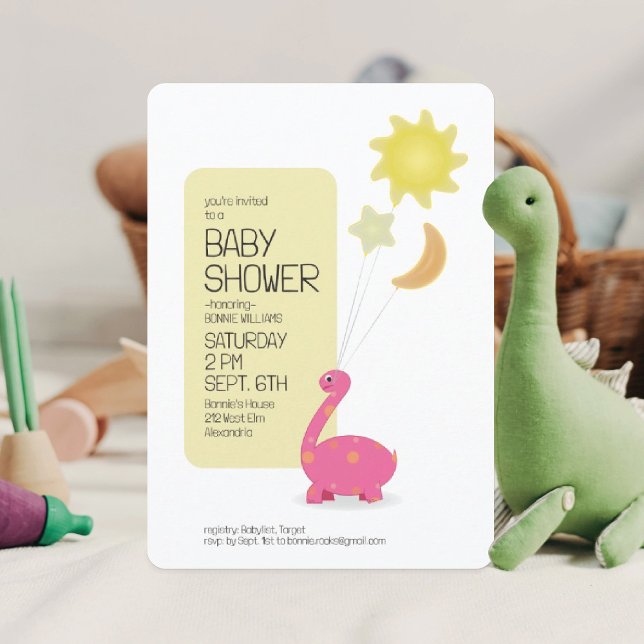 Pink Dino with Mylar Balloons Baby Shower Invitation (Creator Uploaded)