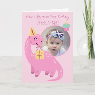 Pink Dinosaur 1st Birthday Card