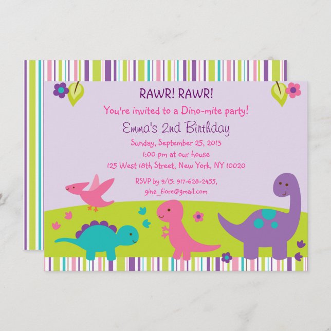 Pink Dinosaur 1st Birthday Invitation (Front/Back)
