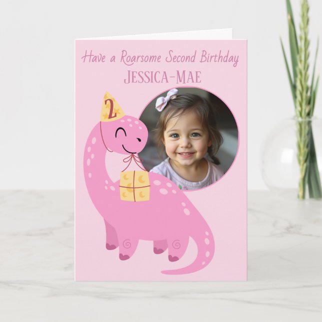 Pink Dinosaur 2nd Birthday Card (Front)