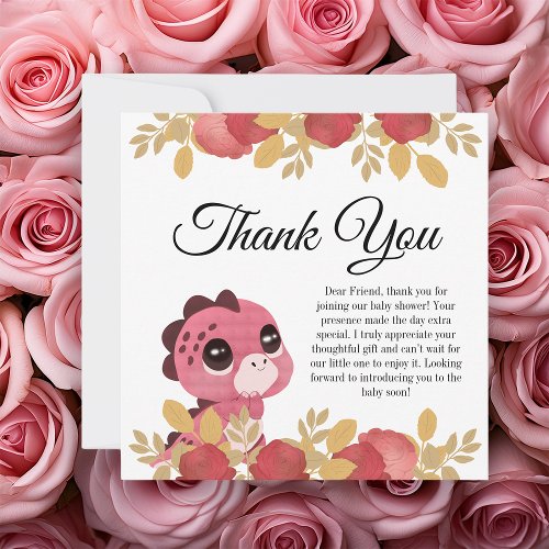 Pink Dinosaur and Rose Baby Shower Thank You Card