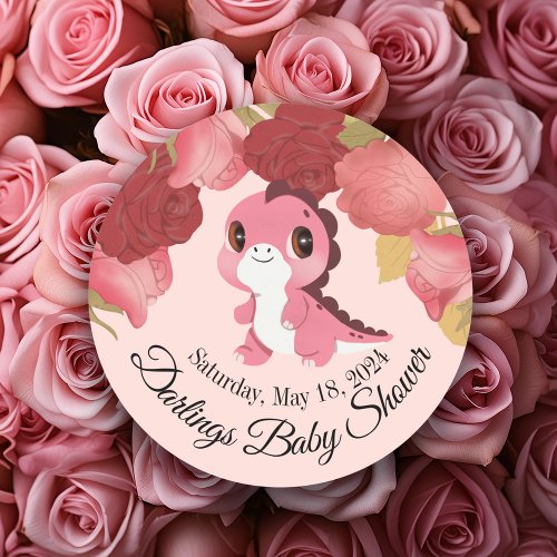 Pink Dinosaur and Roses Baby Shower Sticker