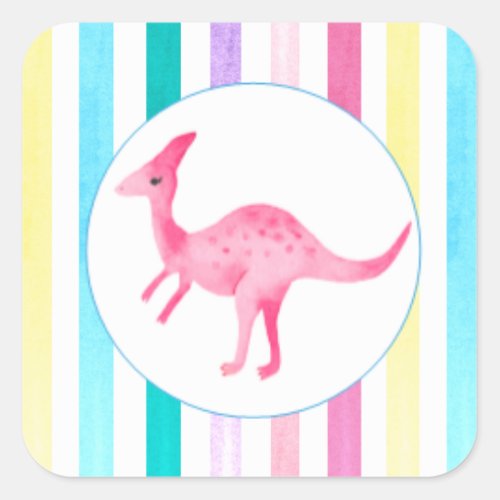 Pink Dinosaur and stripes Square Sticker
