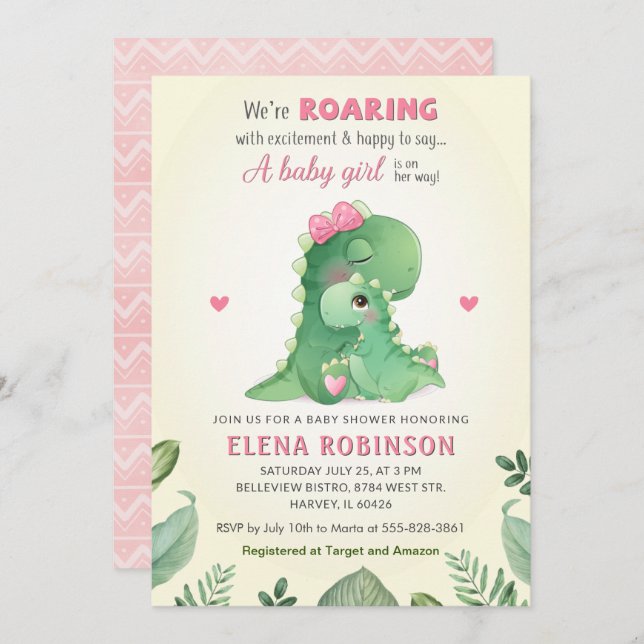 Pink Dinosaur Baby Girl Shower Wild Sweet Sprinkle Invitation (Front/Back)
