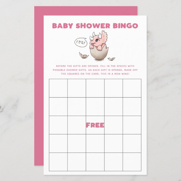 Pink Dinosaur Baby Shower Bingo Game