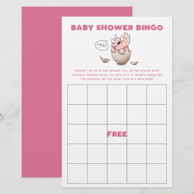Pink Dinosaur Baby Shower Bingo Game (Front/Back)