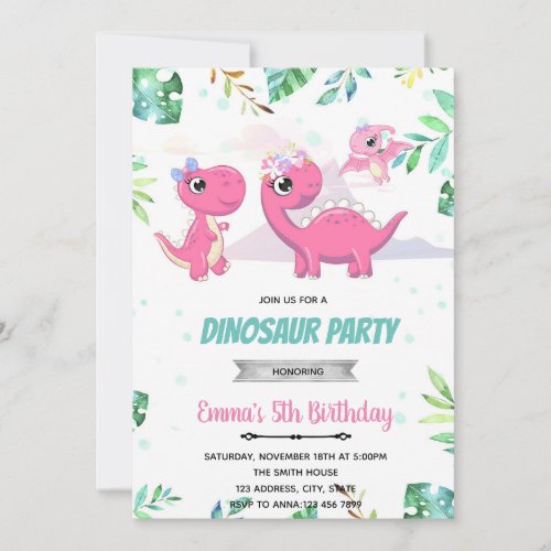 Pink Dinosaur baby shower invitation