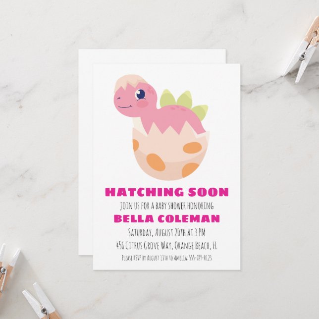pink dinosaur baby shower invitations (Front/Back In Situ)