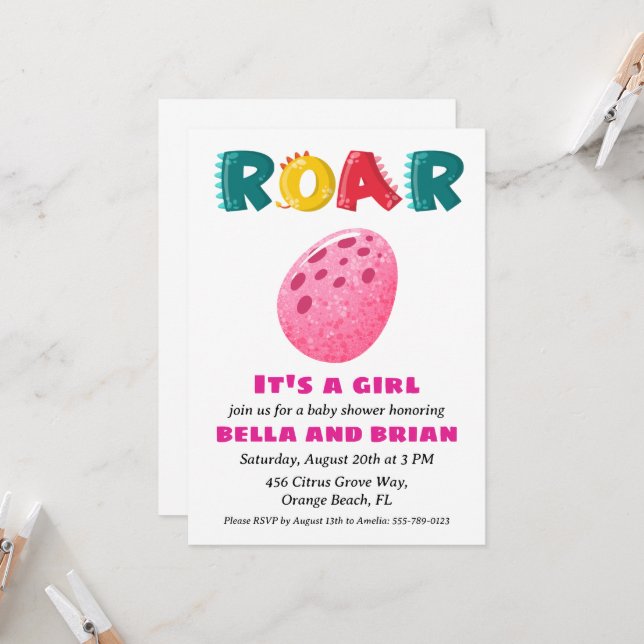 pink dinosaur baby shower invitations (Front/Back In Situ)