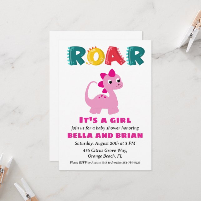 pink dinosaur baby shower invitations (Front/Back In Situ)