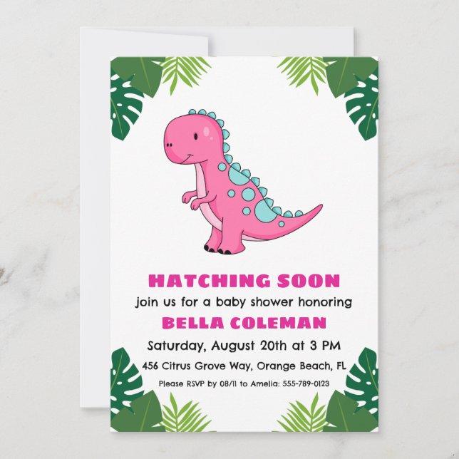 pink dinosaur baby shower invitations (Front)