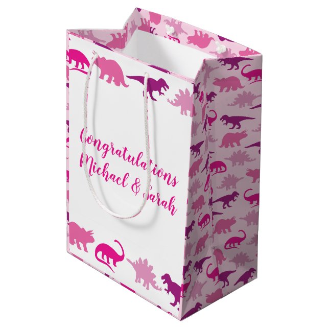 Pink Dinosaur Baby Shower Medium Gift Bag (Back Angled)