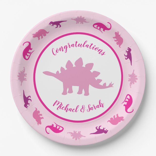 Pink Dinosaur Baby Shower Paper Plates (Front)