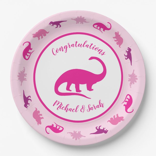 Pink Dinosaur Baby Shower Paper Plates (Front)