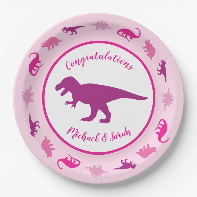 Pink Dinosaur Baby Shower Paper Plates (Front)