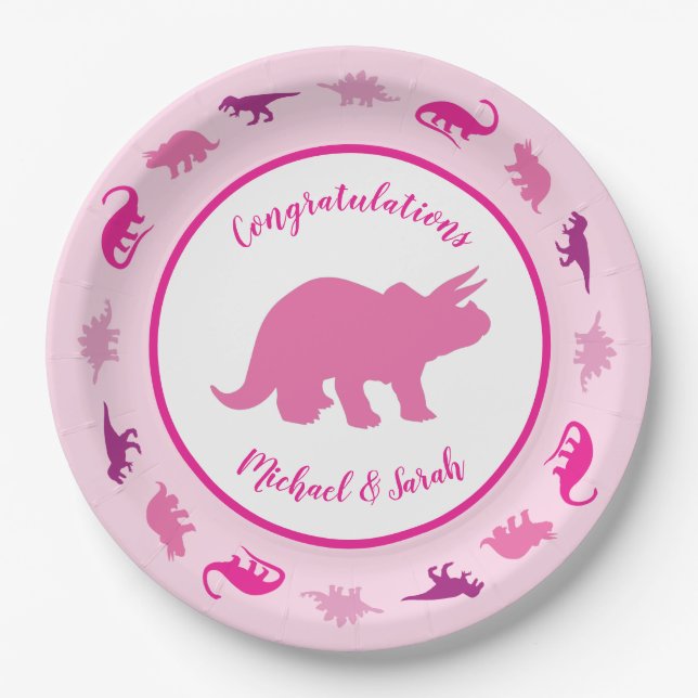 Pink Dinosaur Baby Shower Paper Plates (Front)