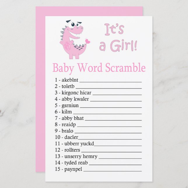 Pink Dinosaur Baby word scramble game (Front/Back)