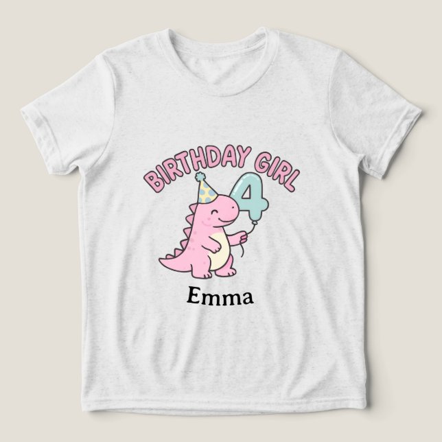 Pink Dinosaur Birthday Girl Age 4 – Kids Tri-Blend Shirt (Design Front)