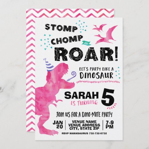 Pink Dinosaur Birthday Invitation