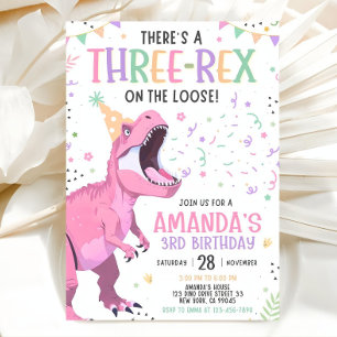 Pink Dinosaur Birthday Invitation Editable Three 3