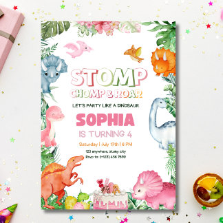 Pink Dinosaur Birthday Invitation Girl Dinosaur 