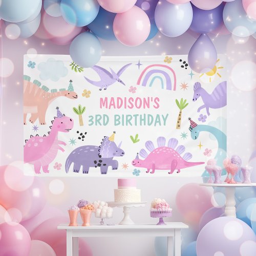 Pink Dinosaur Birthday Party  Banner