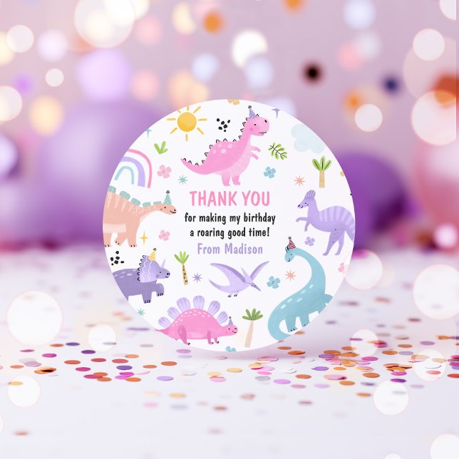 Pink Dinosaur Birthday Party Favor Classic Round Sticker (Creator Uploaded)
